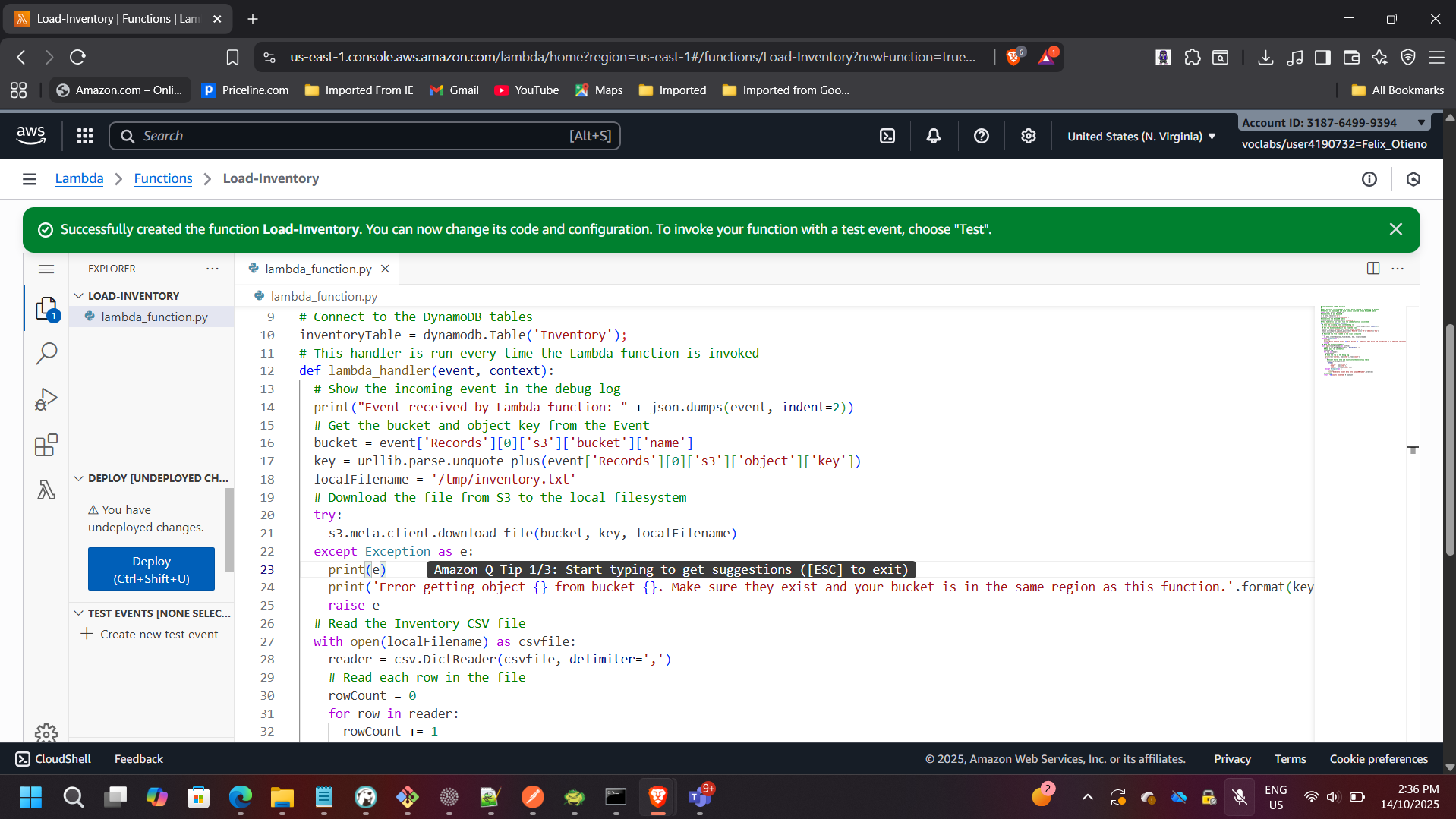 Lambda Code Editor – Load Inventory