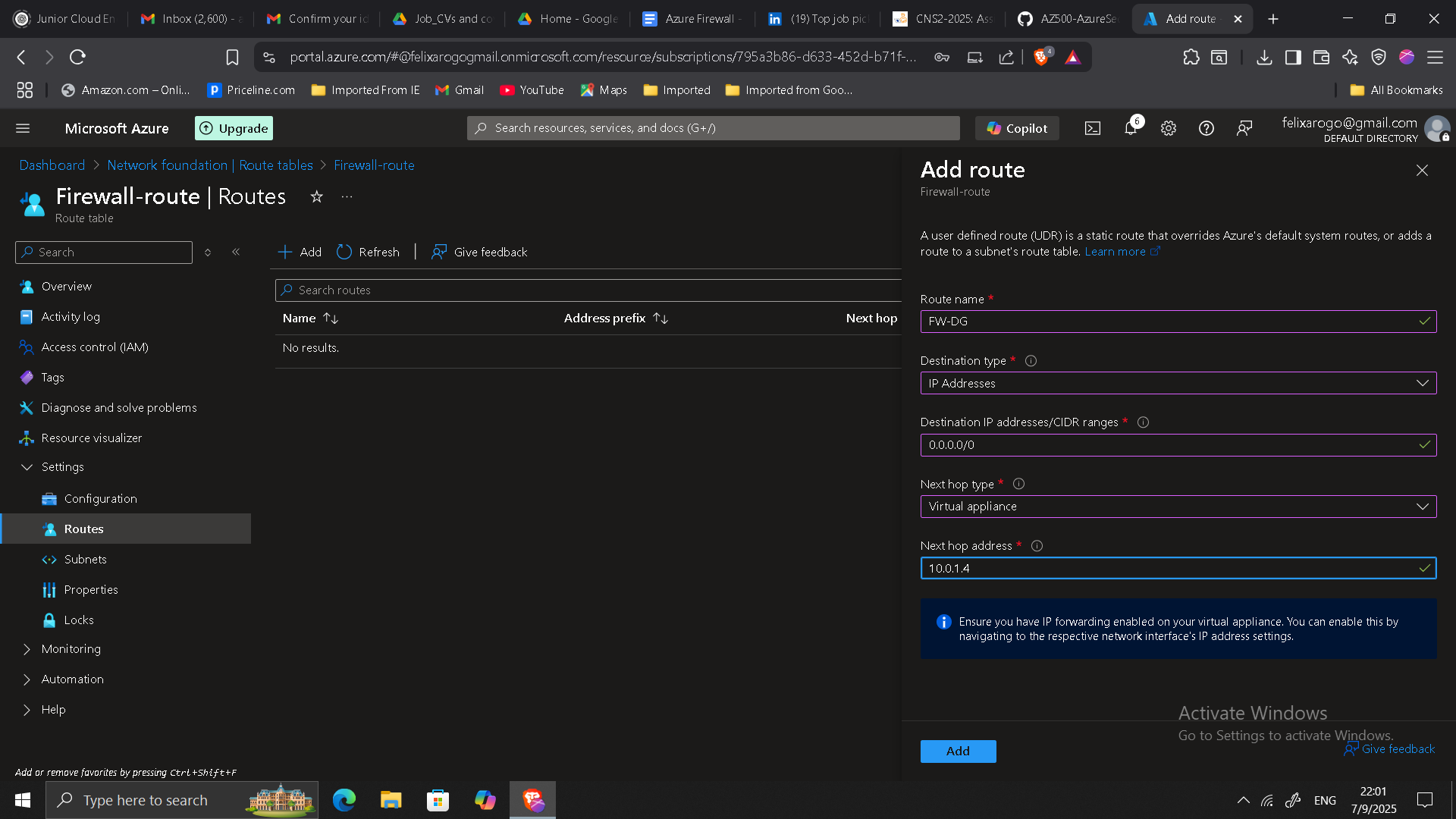 Azure Route Table Configuration